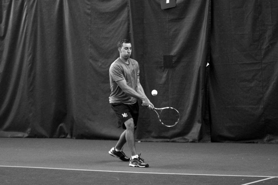 Senior Tyler Antil rallies during practice in preparation for a big conference match against St. Mary’s this coming weekend and for their matches over spring break. 