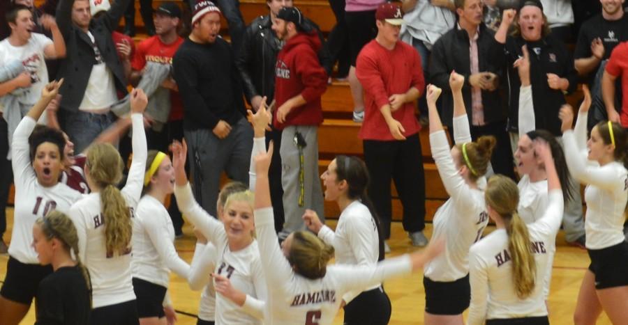 The Pipers celebrate after pulling off a dramatic comeback win over Gustavus to remain undefeated at Hutton Arena.