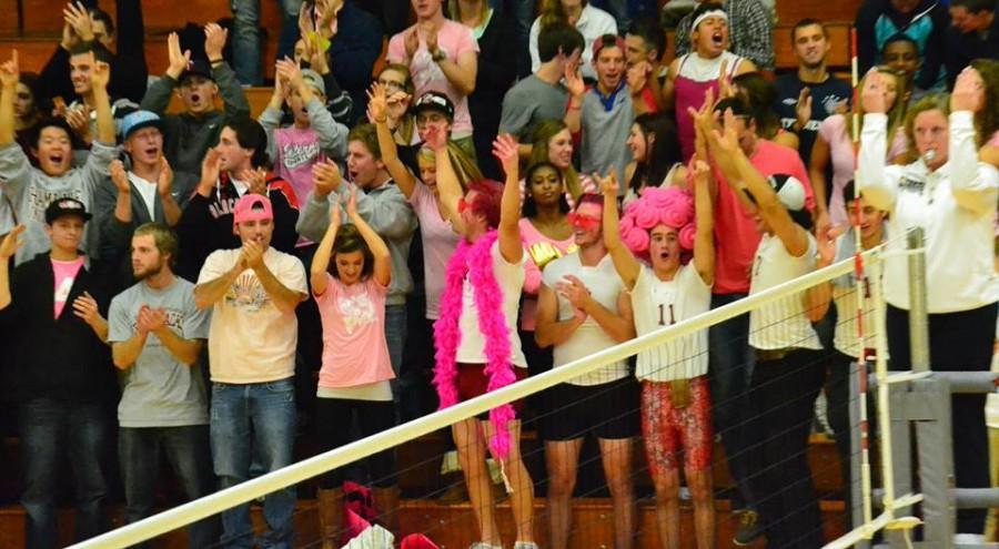 Fans, decked out in pink attire, supported breast cancer awareness on Friday night, Oct. 18, at Hutton Arena. The crowd cheered on the Pipers as they defeated the Royals to maintain their standing in conference. (Photo by Gino Terrell)