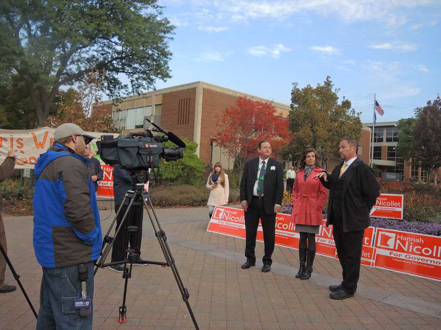 5 Eyewitness News interviews gubernatorial candidates Chris Wright, Hannah Nicollet and Chris Holbrook during a protest on Sunday.
