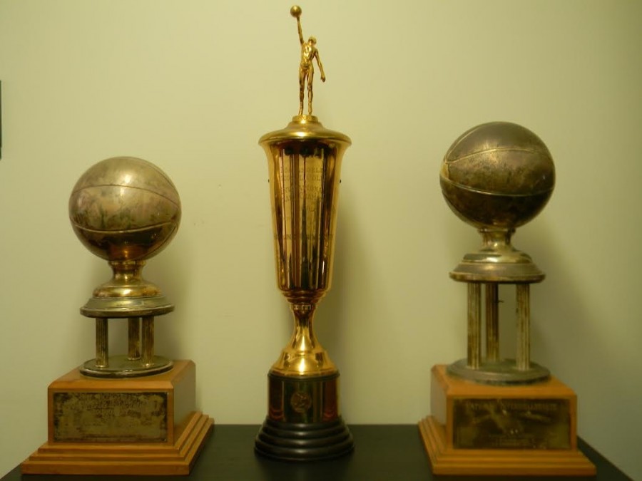 NAIA National Championship trophies dating back to 1942, 1949 and 1951.