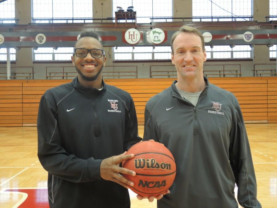 Senior Dior Ford along side Head Coach Jim Hayes. Ford surpasses his head coach on Hamlines all-time scoring list for mens basketball on Jan. 24, 2015, against the Concordia Cobbers in Moorhead, Minn.