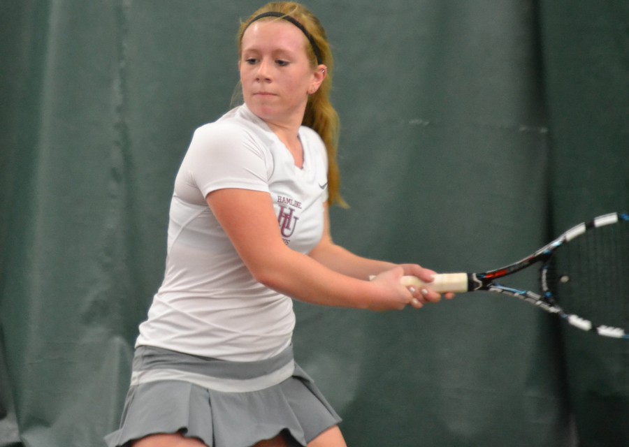 Sophomore Jordan Danielson last year at Baseline Tennis Center at the University of Minnesota. She will return to action on Friday, March 20, against St. Olaf.