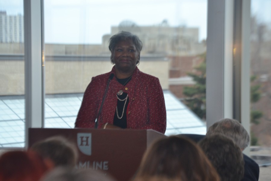 Dr. Fayneese Miller is greeted with an applause as she steps to the podium after being formally announced as Hamline Universitys 20th President  in Klas Center, Kay Fredericks Room on April 7, 2015.