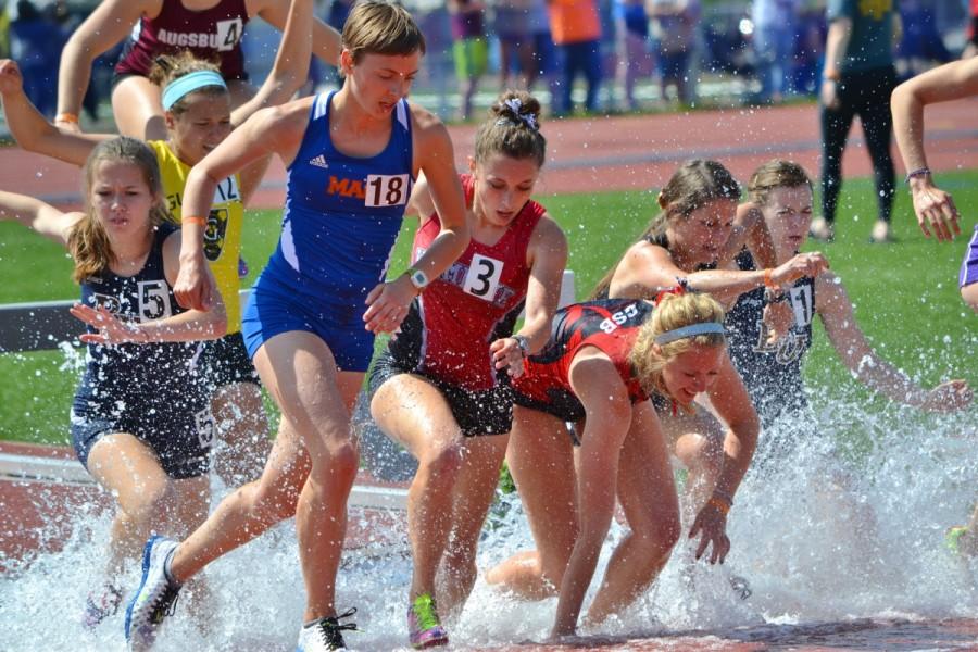 Senior Andrea Haus running in the Steeplechase at the MIAC Outdoor Championships on May 9, 2015.