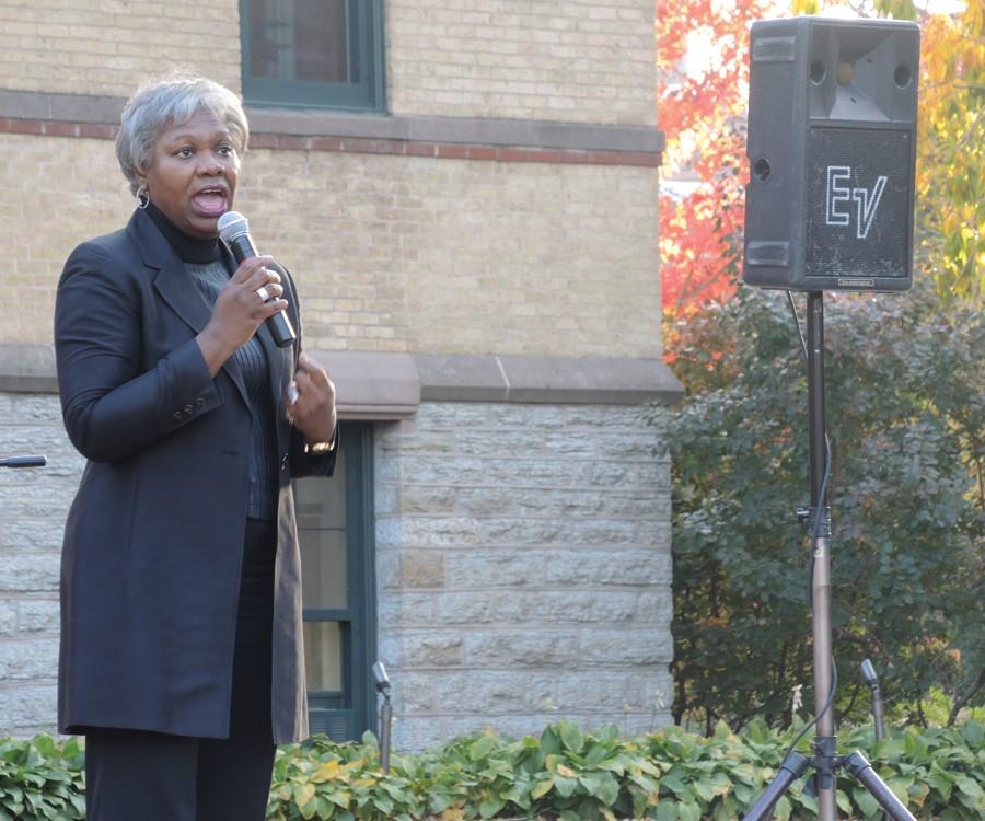 President+Fayneese+Miller+speaks+at+the+Take+Back+the+Campus+rally.+