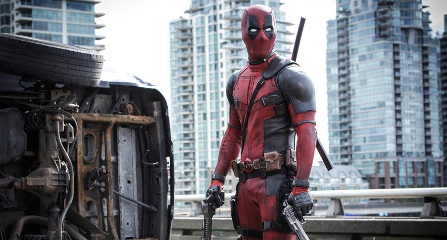 Production photo of Deadpool in his trademark 1990s inspired suit with lots of pouches. The film was released on Friday, Feb. 12 and exceeded box office expectations.