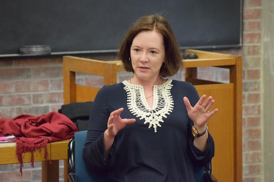 Creative nonfiction writer Joni Tevis at the Runestone interview, answering questions asked by the student editorial board on Thursday, March 10. The interview will be published in Runestone Journal, vol. 2.
