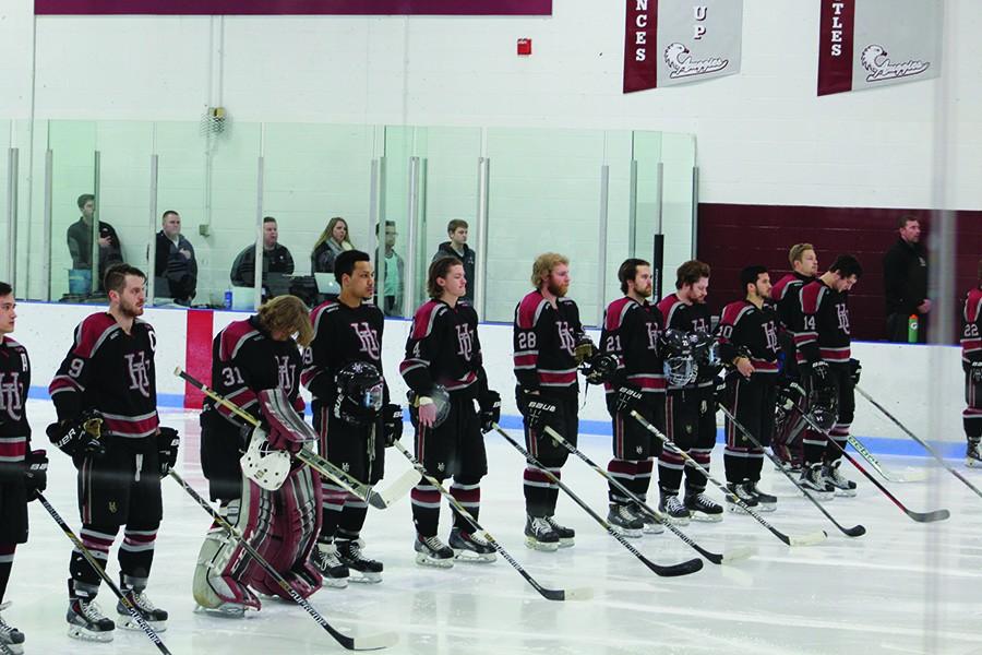 The hockey team lines up before the the playoff game on Feb. 27. The Pipers lost the game 2-5,ending the season with a 6-8-2 MIAC record.