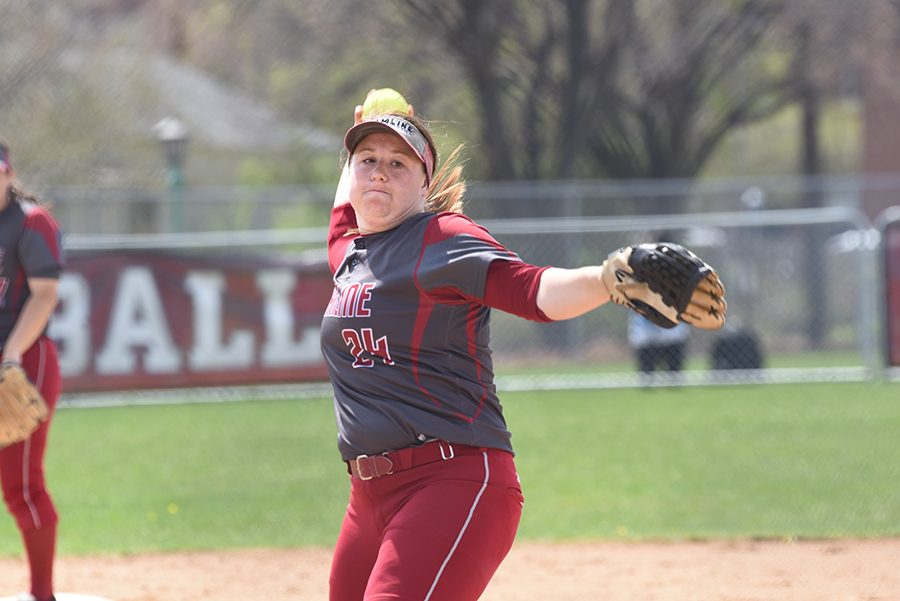 Junior pitcher Casey Anderson winds up for a pitch during the April 23 double header against Saint Mary’s.