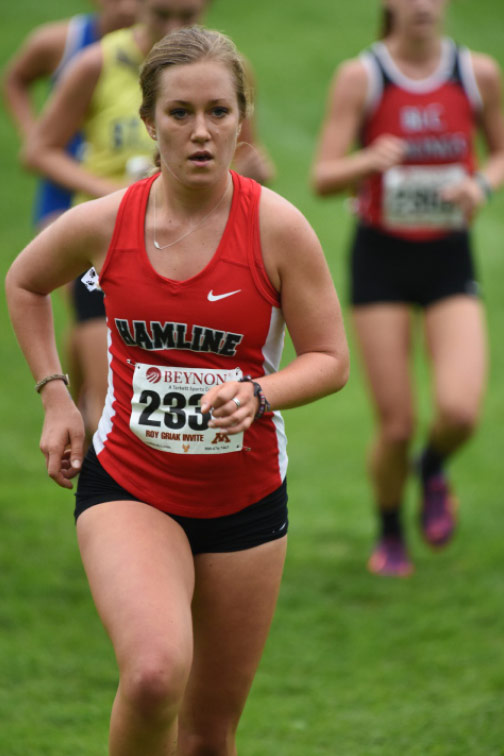 Senior Sarissa Falk and the Hamline women’s cross country team finished tenth in the fourteen-team field.