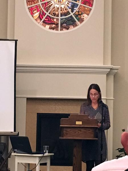 Professor of Religion Deanna Thompson speaks at Gloria Dei Lutheran Church regarding the launch of her new book, “The Virtual Body of Christ in a 
Suffering World.”