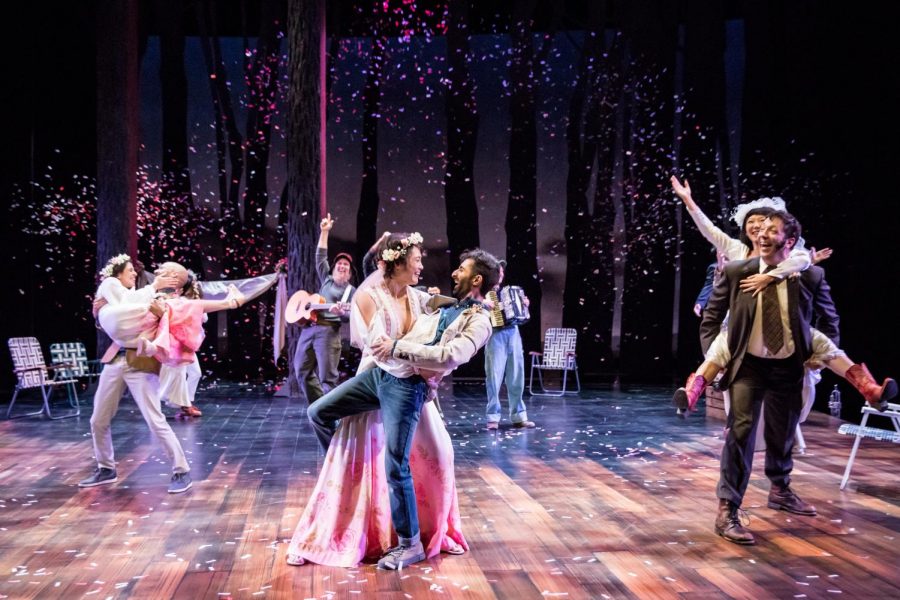 Confetti sprays over the stage in the final scene of “As You Like It.” 