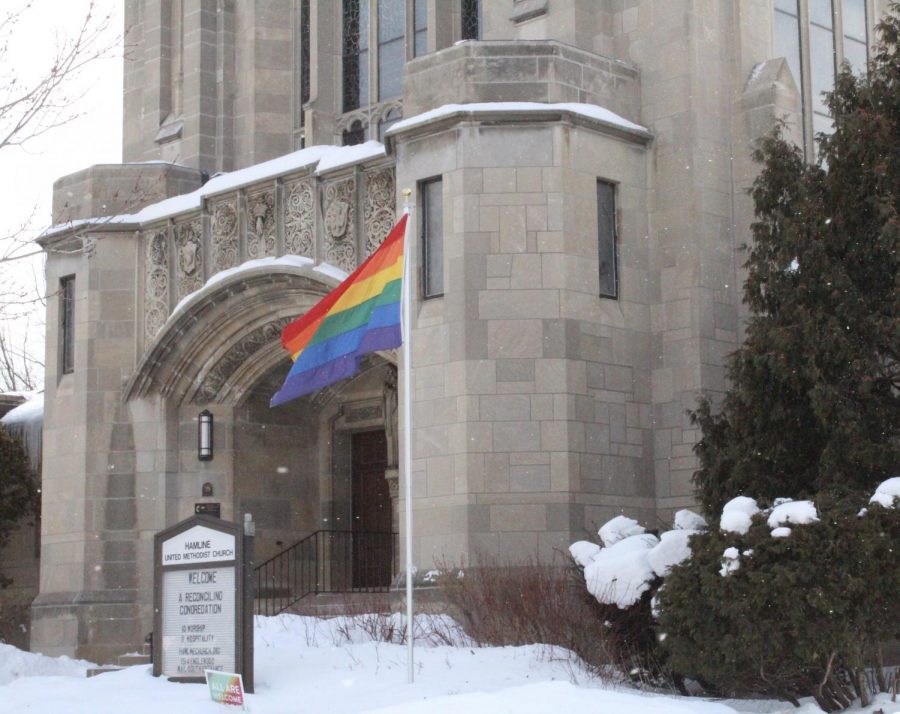 The Hamline United Methodist Church proudly displays a Pride flag as well as an “all are welcome here” sign, despite the
decision to keep banning same-sex marriage and LGBT clergy.