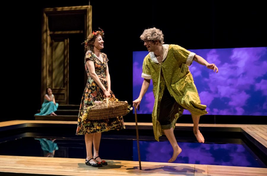 Vertumnus, dressed as an elderly woman and played by Benjamin T. Ismail, attempts to woo Pomona, played by Louise Lamson.