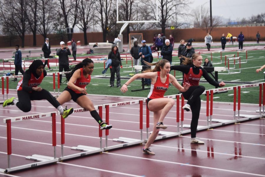 Womens Track & Field athletes compete in a meet on April 6. Pictured from left are first-year Muna Abrahim, junior Mellissa Clarke and junior Briana Berninghaus.