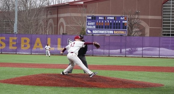 Hamline junior Ben Resnick, the Piper’s left-handed pitcher, winds up a pitch.
