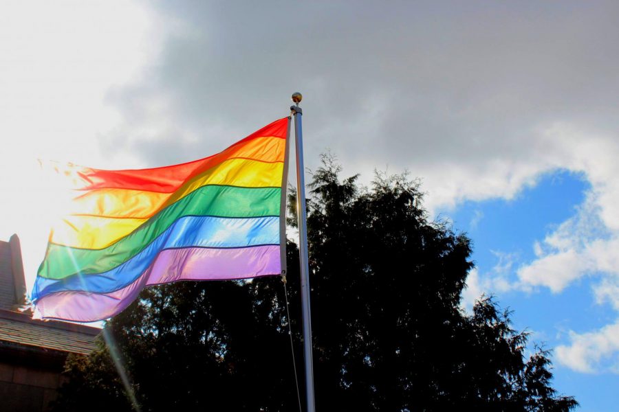 A pride flag flies outside Hamline Church United Methodist near campus.