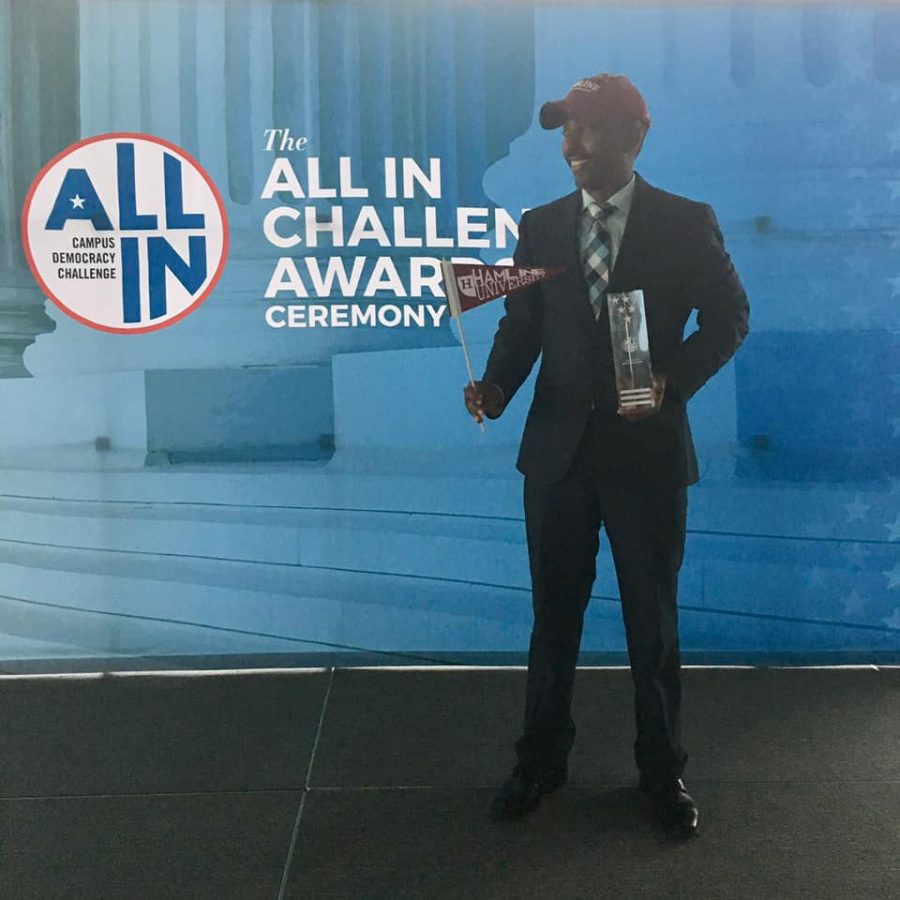 All In photo caption (can be used for either 01 or 02, only post one of these online): Coordinator of Social Justice Initiatives Nur Mood accepted a platinum seal from the ALL IN Campus Democracy Challenge in Washington, D.C. on Nov. 12. 2019.