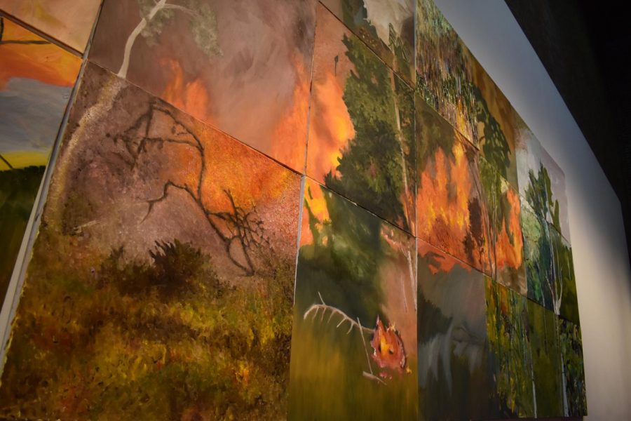 A closer look at the fires among the trees. The mural was constructed to give more public attention to the burning of the Amazon Rainforest, and its significance to the Earth. 