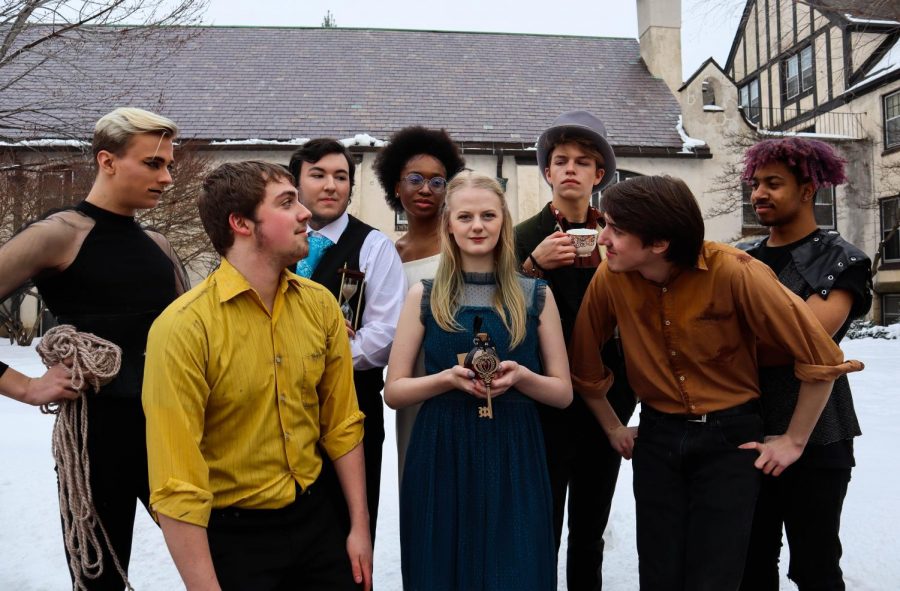Wonderland, a student-run, student-written play produced by Meraki Theater Company, was performed early in February. Pictured here (from left) are cast members senior Aaron Buergi (Cat), first-year Walker Embser-Herbert (Tweedledum), sophomore Will Deery (Rabbit), first-year Essence Boe (Mirana), junior Ellie Dunn (Alice), first-year Nolan Sherburne (Mad Hatter), sophomore Donald Birttnen (Tweedledee), and first-year Gabe Findley (Sir Lionel).