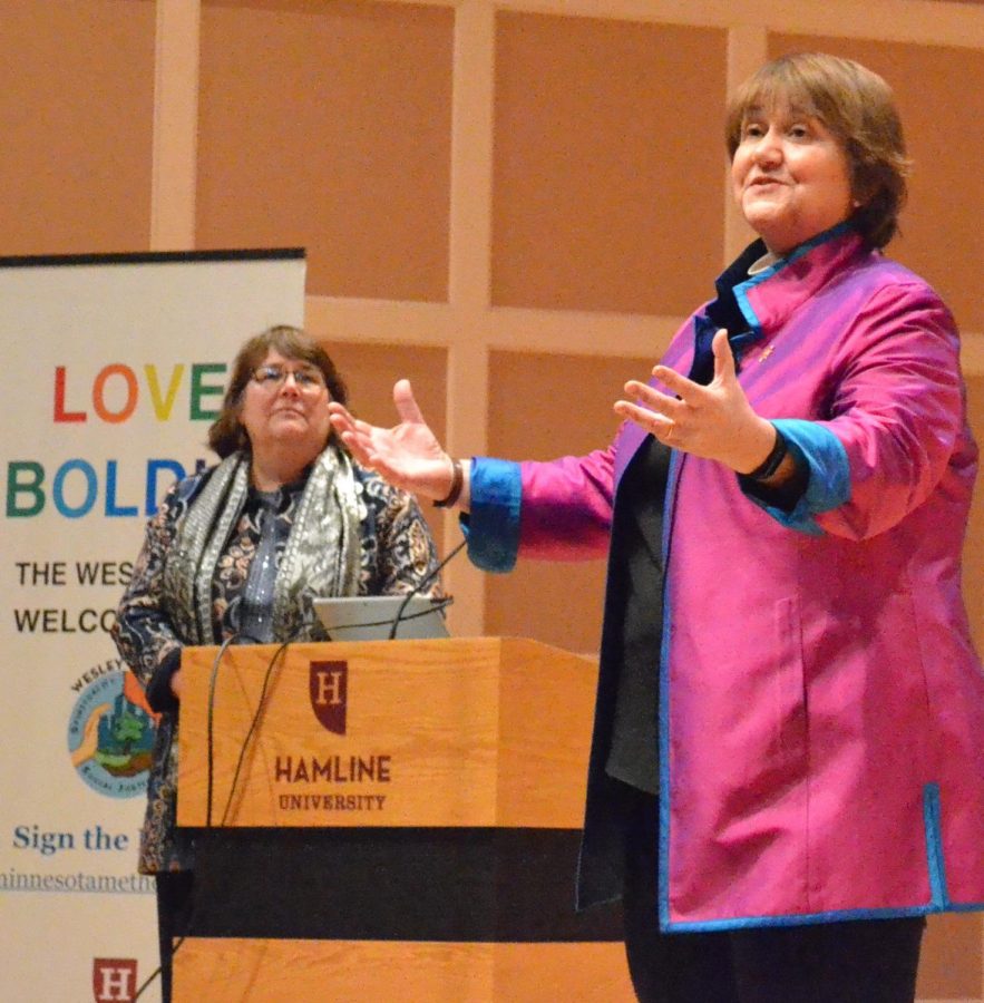 Bishop Karen P. Oliveto addresses the crowd in Sundin Hall during Feb. 25’s Mahle Lecture.