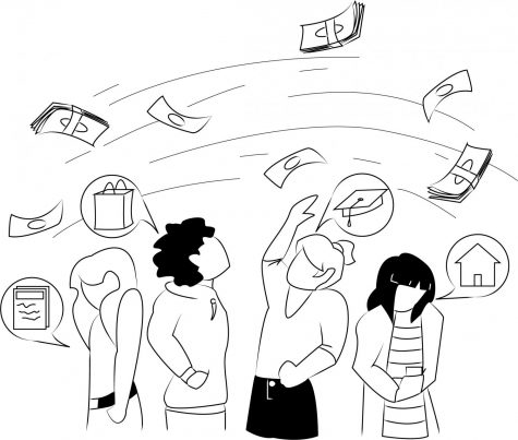 A black and white illustration showing four people standing and watching as dollar bills and symbols representing expenses like utilities, housing, and food circle around them, all out of reach.