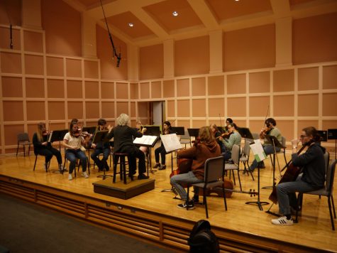 Music Department Chair Janet Greene conducts the Hamline University Orchestra. Dr. Greene is temporarily leading the orchestra this semester.