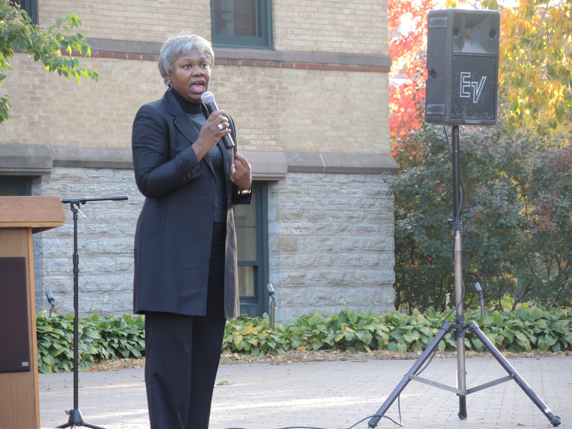 Image: Miller speaks at the Take Back the Campus event in her first year of presidency in 2015.