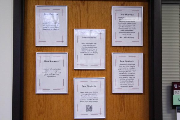 Adjunct Kevin Schwandt posted signs on his door addressed to students to share his personal experiences at Hamline.
