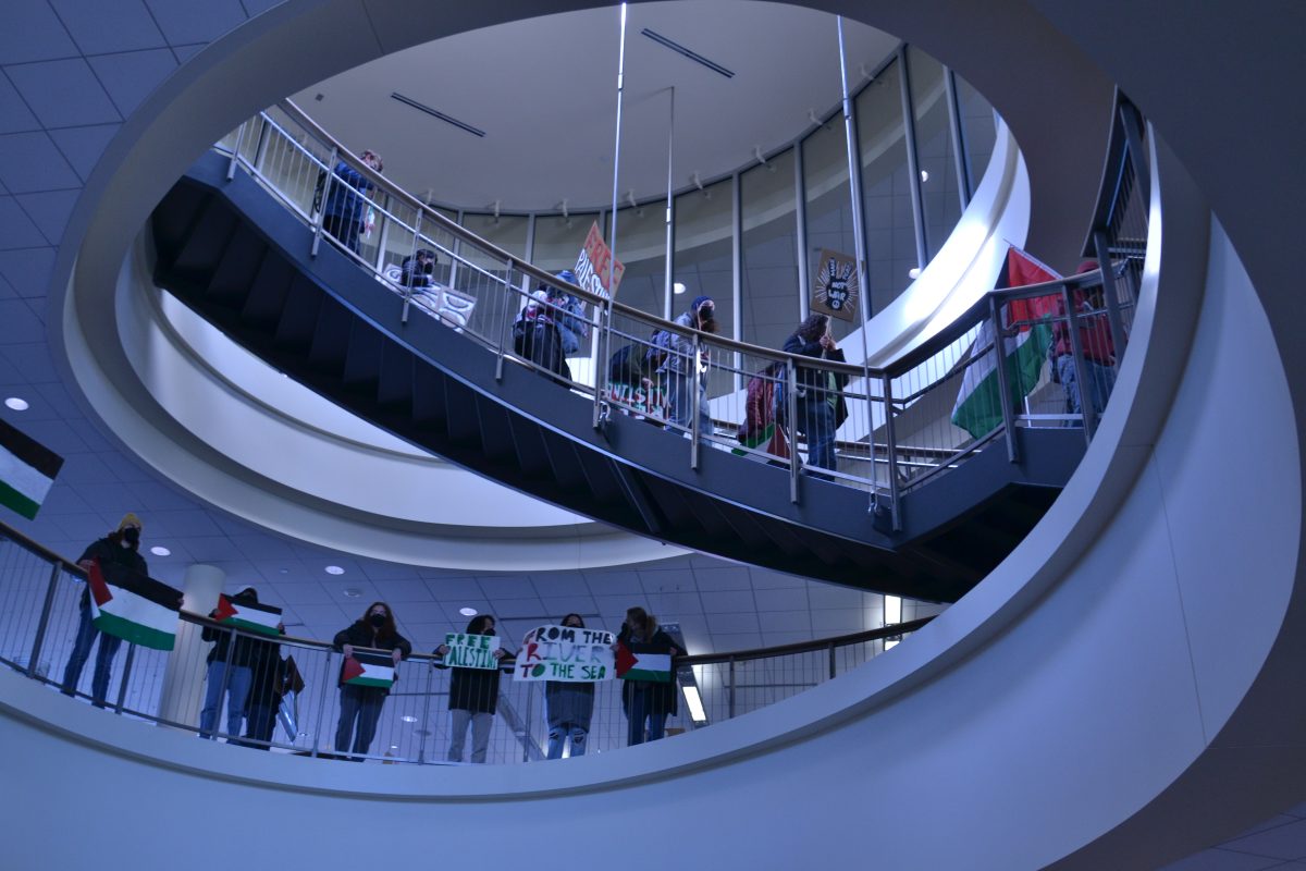 Students occupied Anderson Center with flags and posters after walking out of class in protest of the crisis in Gaza.