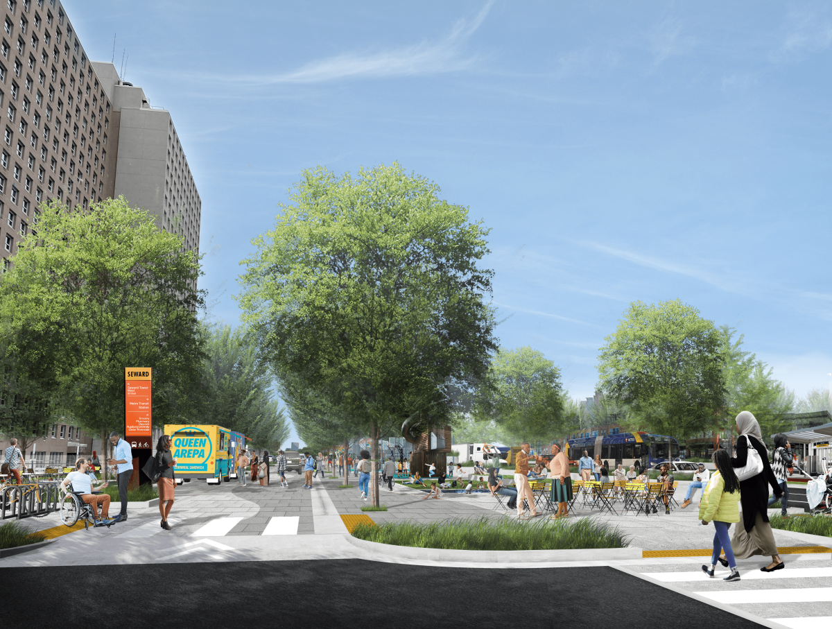 Courtesy of Yasmin Hirsi, Our Streets - 
A digital rendering of the Twin Cities Boulevard shows additional green space, new bike lanes and methods of public transportation.