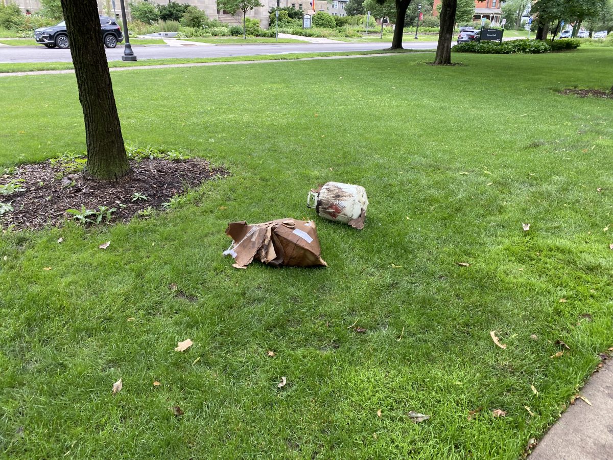 The remnants of the suspicious package were  on the lawn in front of Manor Hall facing Englewood Avenue after being handled by the Saint Paul Police Department. The threat was eliminated at this point and anyone was free to walk by the scene. 