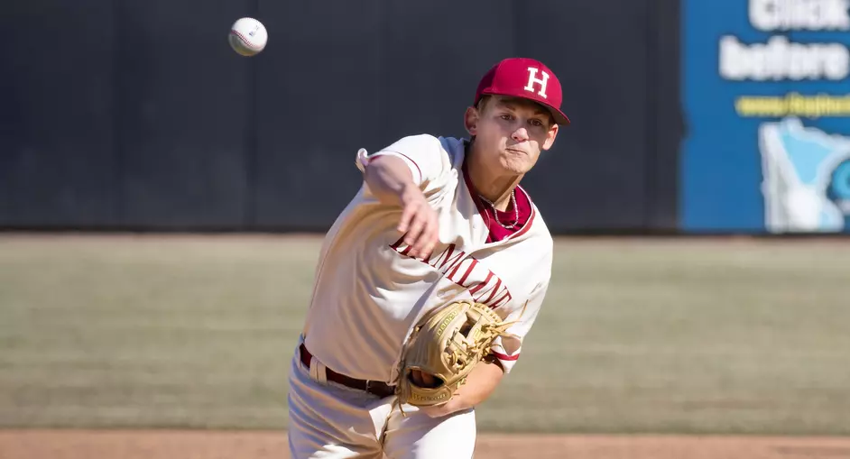 Sophomore Hans Christensen V mid-pitch during the team's game against Millikin University. Christensen recorded six strikeouts in as many innings.