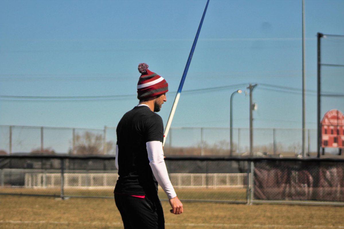 Senior David Couper preparing to compete in the men's javelin throw event. Couper finished in the event in fourth place with a throw of 42.54 meters, with Mitchell Degen, Jackson McDowell and Bailey Evans, all of Saint John's, taking the podium ahead of him.