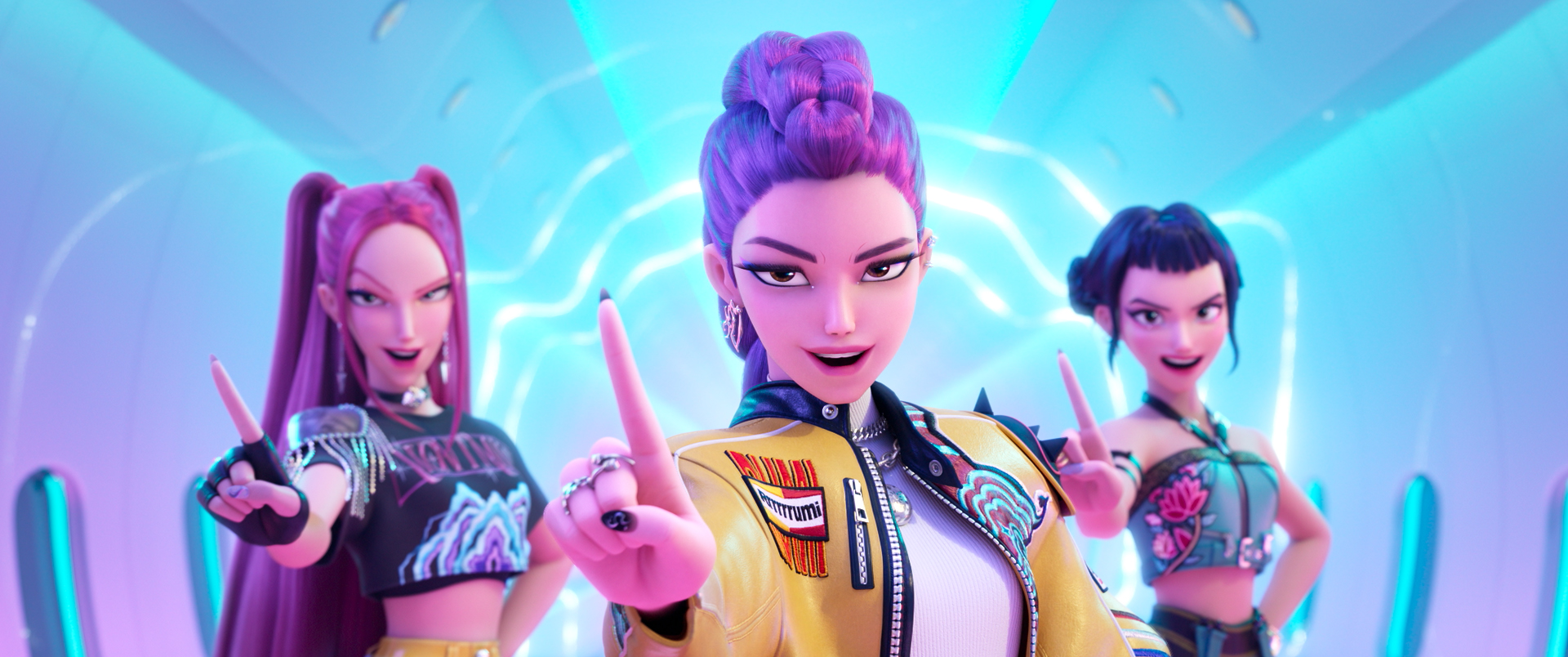 KPOP DEMON HUNTERS - (L-R) Mira (voice by MAY HONG), Rumi (voice by ARDEN CHO) and Zoey (voice by JI-YOUNG YOO). ©2025 Netflix