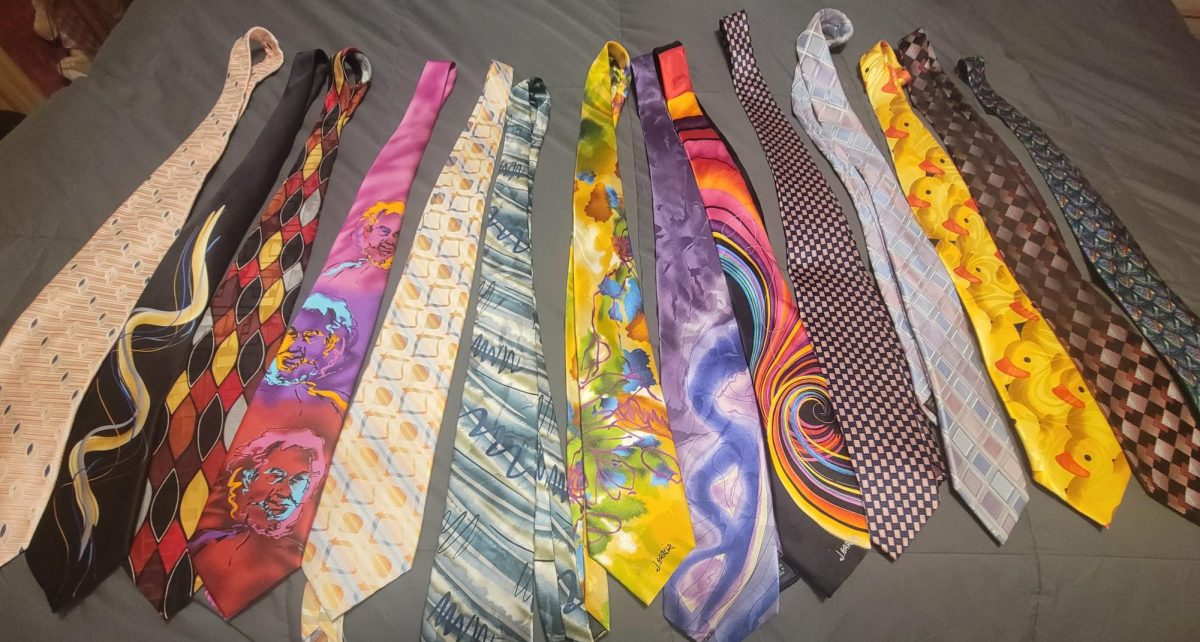 A small assortment of John Mazis' tie collection that has grown immensely from his own purchases and from family and students.