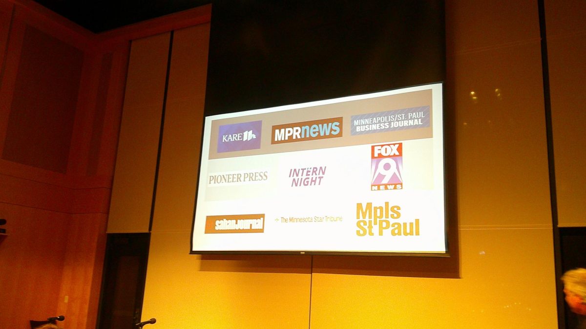 A display screen showing the different news stations that were present at Intern Night.
