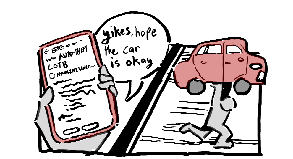 Comic about car theft. Panel on the left is a drawing of a hand holding a phone reading an email about car theft. The speech bubble says "Yikes, hope the car is ok". The panel on the right features an anonymous person running, holding an entire car above their head. The car looks distressed, or like a regular car however you see it. 
