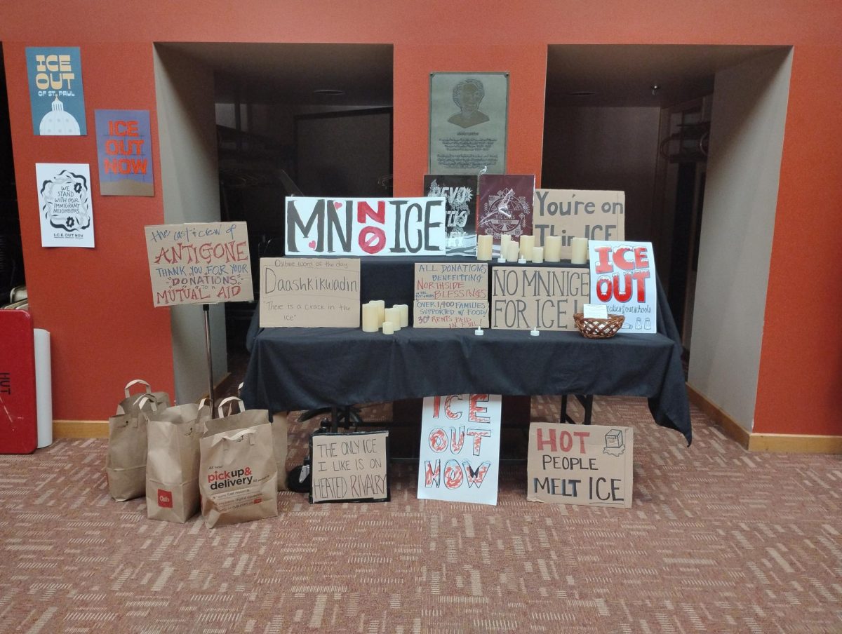 Outside of the theater, the cast and crew of "Antigone" have an Anti-ICE display set up, which also serves as a location to donate non-perishables.
