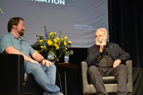 Ferguson Sauvé-Rogan (left) interviewing Hollywood cinematographer Dean Cundey (right) on his career in film at MSPIFF.