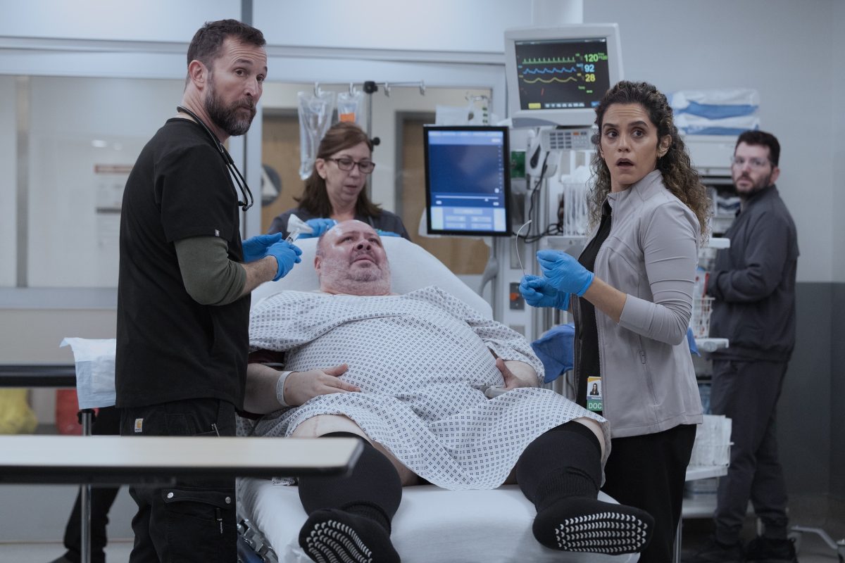 From left to right: Noah Wyle, Craig Ricci Shaynak, and Sepideh Moafi in "The Pitt."