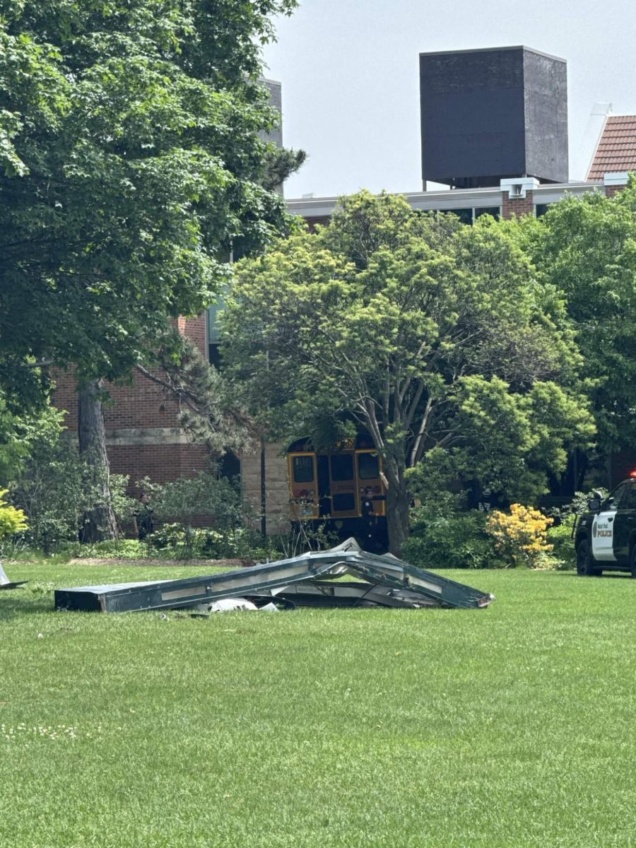 The path of the bus took it over a pedestrian walkway, narrowly missing a tree before it hit the building. The bus was removed by 5pm, Tuesday.